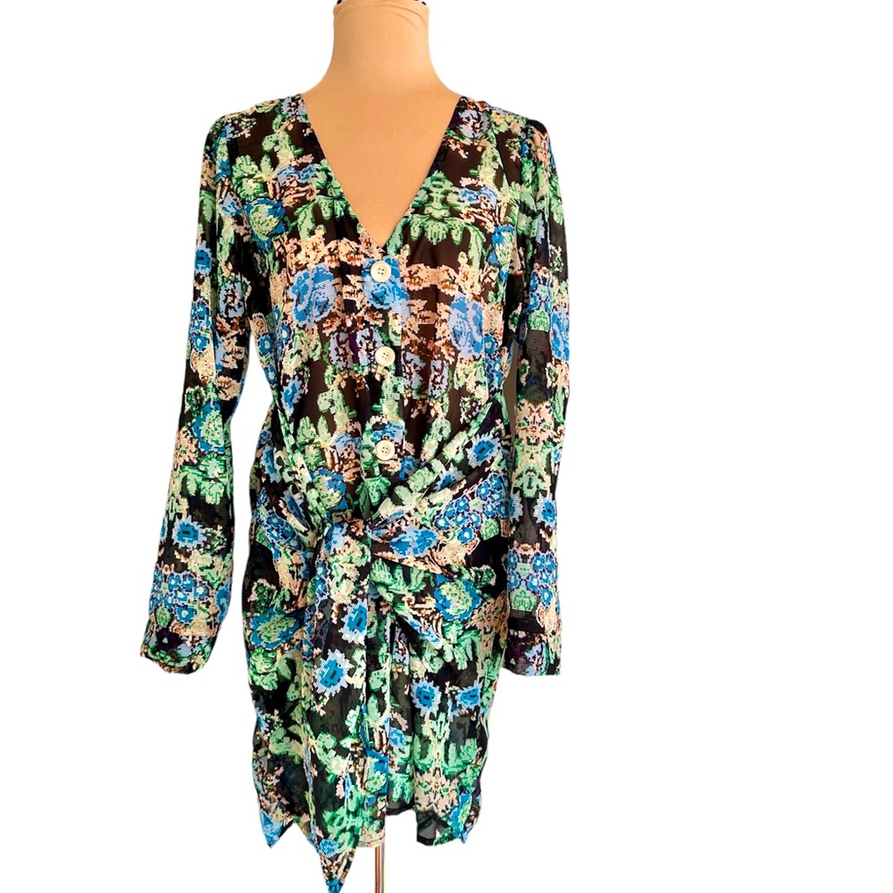 Printed See through a knot front shirt dress sz L